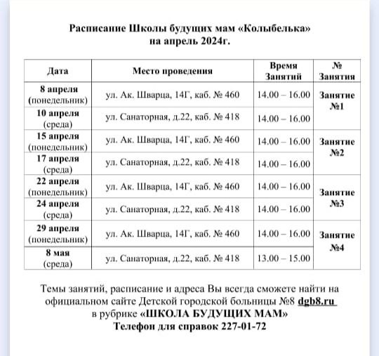 Расписание Школы будущих мам "Колыбелька"